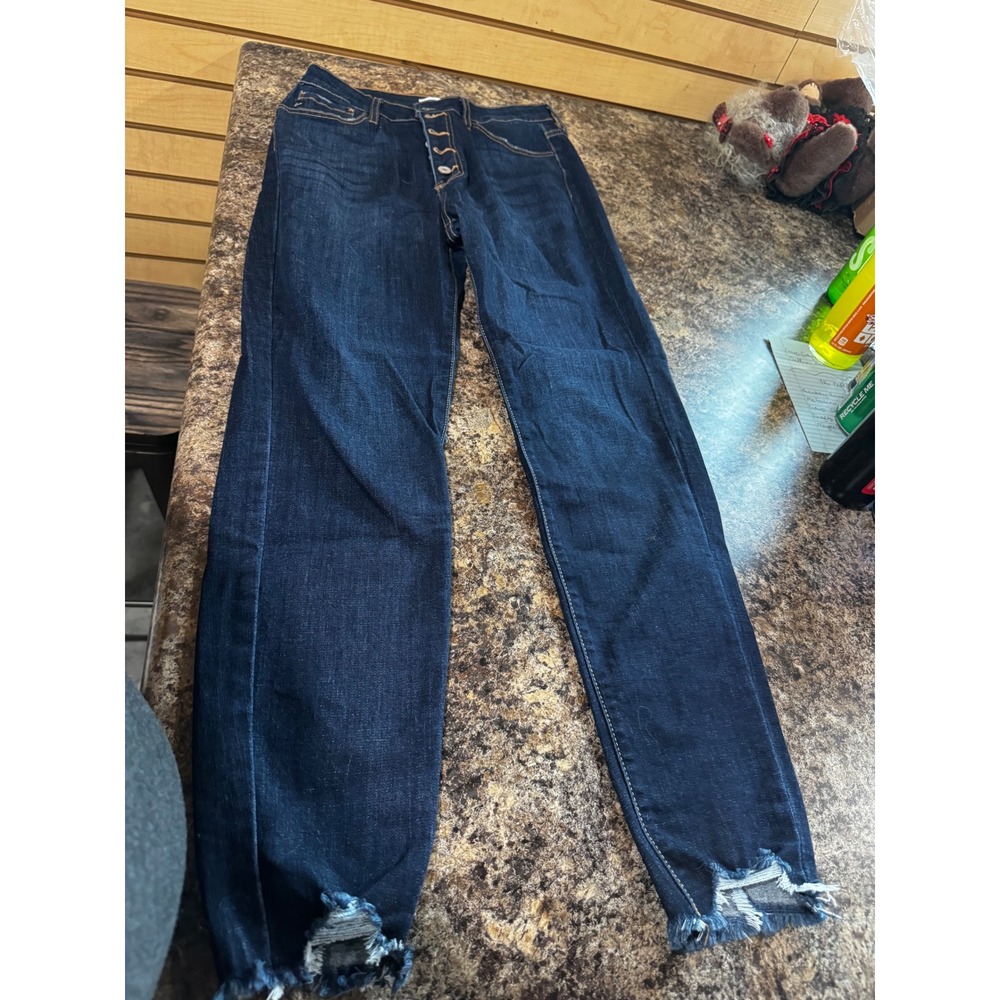 KanCan Womens High Rise Button Fly Skinny Jeans Dark Wash Distressed Hem KC7273D